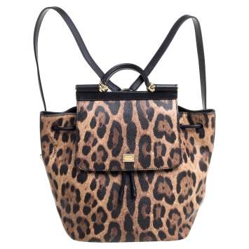 Pre Owned Dolce & Gabbana Black/Brown Leopard Print Coated Canvas and Leather Miss Sicily Backpack