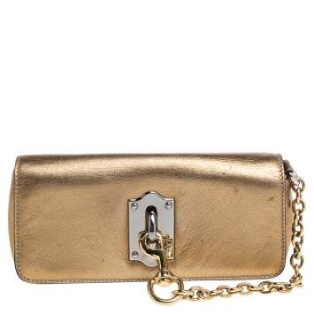 Pre Owned Dolce & Gabbana Metallic Gold Leather Flap Clutch