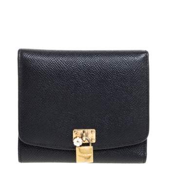 Pre Owned Dolce & Gabbana Black Leather Padlock Trifold Compact Wallet