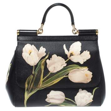 Pre Owned Dolce & Gabbana Black Floral Print Leather Medium Sicily Top Handle Bag