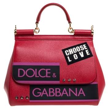 Pre Owned Dolce & Gabbana Red Leather Medium Miss Sicily Choose Love Top Handle Bag