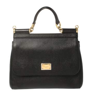 Pre Owned Dolce & Gabbana Black Leather Medium Miss Sicily Top Handle Bag