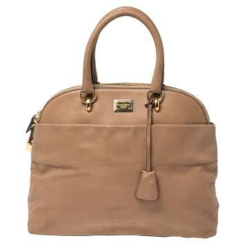 Pre Owned Dolce and Gabbana Beige Textured Leather Medium Megan Dome Satchel