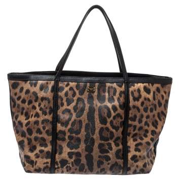 Pre Owned Dolce & Gabbana Black/Beige Leopard Print Coated Canvas and Leather Miss Escape Tote