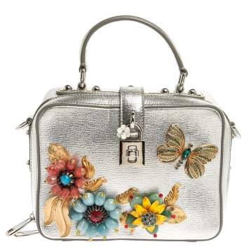 Pre Owned Dolce and Gabbana Silver Embellished Leather Dolce Soft Limited Edition Top Handle Bag
