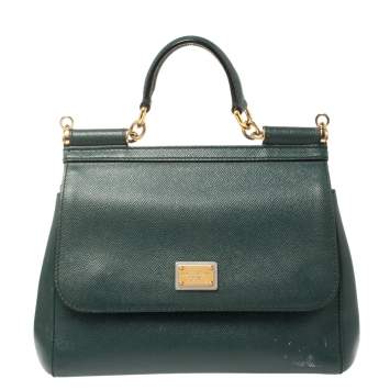 Pre Owned Dolce & Gabbana Dark Green Leather Medium Miss Sicily Top Handle Bag