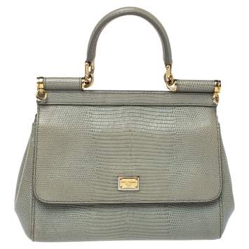 Pre Owned Dolce & Gabbana Avocado Green Lizard Embossed Leather Small Miss Sicily Top Handle Bag
