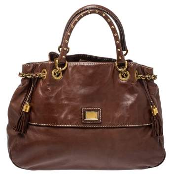 Pre Owned Dolce & Gabbana Brown Soft Leather Studded Handle Tote