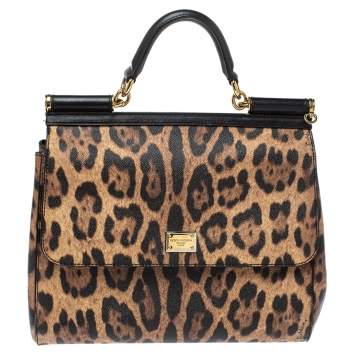 Pre Owned Dolce & Gabbana Black/Brown Leopard Print Coated Canvas and Leather Sicily Top Handle Bag