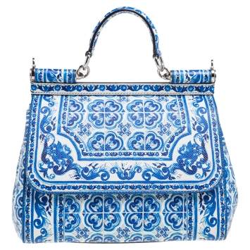 Pre Owned Dolce & Gabbana Blue Majolica Print Leather Medium Miss Sicily Tote