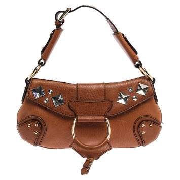 Pre Owned Dolce & Gabbana Brown Crystal Embellished Leather D Ring Flap Shoulder Bag