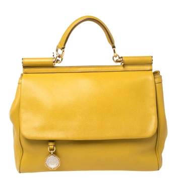 Pre Owned Dolce & Gabbana Yellow Leather Large Miss Sicily Top Handle Bag