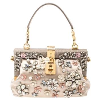Pre Owned Dolce & Gabbana Grey Crystal Embellished Satin and Lizard Embossed Leather Dolce Clutch Bag