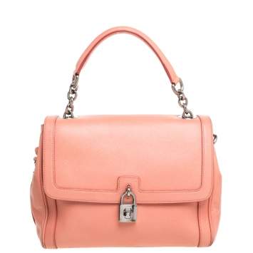 Pre Owned Dolce & Gabbana Coral Orange Leather Padlock Top Handle Bag