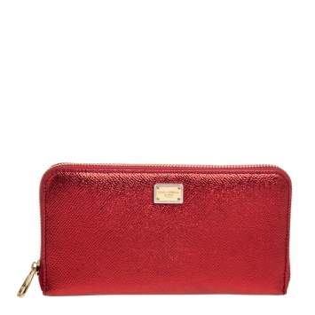 Pre Owned Dolce & Gabbana Metallic Red Leather Zip Around Wallet