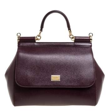 Pre Owned Dolce & Gabbana Burgundy Leather Medium Miss Sicily Top Handle Bag