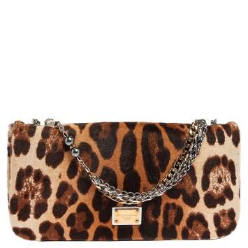 Pre Owned Dolce & Gabbana Brown Leopard Print Calfhair and Leather Miss Charles Shoulder Bag