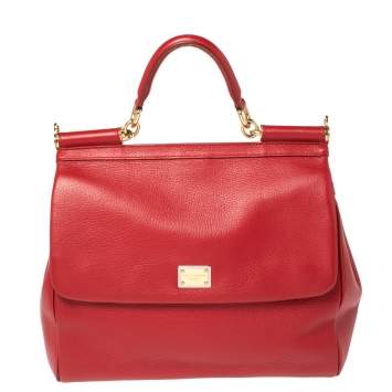 Pre Owned Dolce & Gabbana Red Leather Large Miss Sicily Top Handle Bag