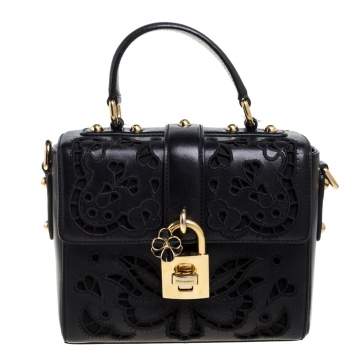Pre Owned Dolce & Gabbana Black Embroidered Cutout Leather Padlock Top Handle Bag
