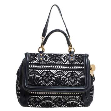 Pre Owned Dolce & Gabbana Black/White Lace and Leather Large Miss Sicily Top Handle Bag