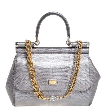 Pre Owned Dolce & Gabbana Silver Lizard Embossed Leather Small Miss Sicily Top Handle Bag