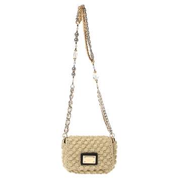 Pre Owned Dolce & Gabbana Beige Crochet Lurex Fabric Shoulder Bag