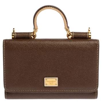 Pre Owned Dolce & Gabbana Brown Leather Miss Sicily Wallet on Chain