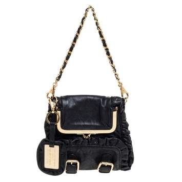 Pre Owned Dolce & Gabbana Black Leather XX Anniversary Ruffle Chain Clutch 
