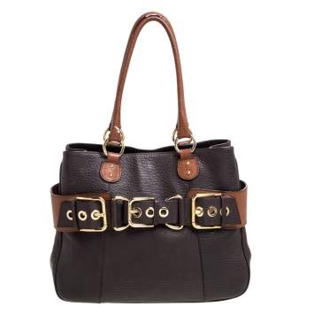 Pre Owned Dolce & Gabbana Two Tone Brown Grained Leather Buckle Tote