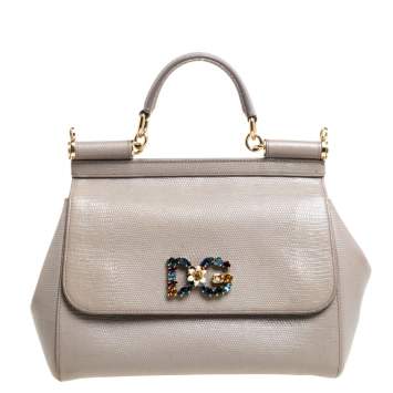 Pre Owned Dolce & Gabbana Dark Beige Lizard Embossed Leather Medium Crystal Logo Sicily Top Handle Bag