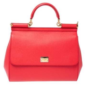 Pre Owned Dolce & Gabbana Coral Pink Leather Large Miss Sicily Top Handle Bag