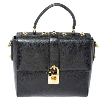 Pre Owned Dolce and Gabbana Black Grained Leather Padlock Flap Top Handle Bag