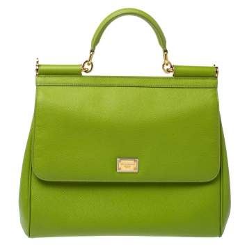 Pre Owned Dolce & Gabbana Apple Green Leather Large Miss Sicily Top Handle Bag