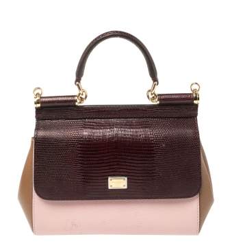 Pre Owned Dolce & Gabbana Tricolor Leather and Lizard Embossed Leather Small Miss Sicily Top Handle Bag