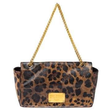 Pre Owned Dolce & Gabbana Brown Leopard Print Coated Canvas and Leather Flap Chain Shoulder Bag