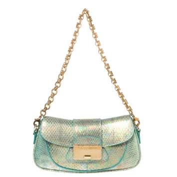 Pre Owned Dolce & Gabbana Turquoise Holographic Snakeskin Flap Chain Clutch