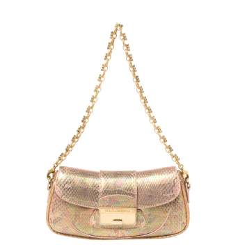 Pre Owned Dolce & Gabbana Pink Holographic Snakeskin Flap Chain Clutch