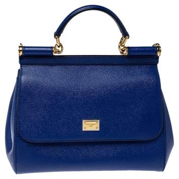 Pre Owned Dolce & Gabbana Blue Leather Medium Miss Sicily Top Handle Bag