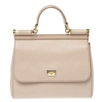 Pre Owned Dolce & Gabbana Beige Leather Medium Miss Sicily Top Handle Bag