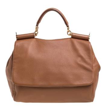 Pre Owned Dolce & Gabbana Tan Leather Soft Large Miss Sicily Top Handle Bag