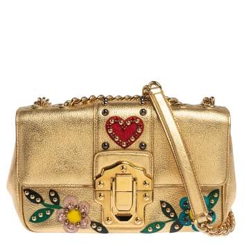 Pre Owned Dolce & Gabbana Gold Leather Lucia Embellished Shoulder Bag