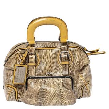 Pre Owned Dolce & Gabbana Cream/Beige Snakeskin and Patent Leather Miss Romantique Pocket Satchel