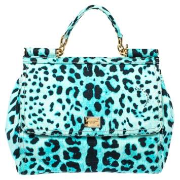 Pre Owned Dolce & Gabbana Blue Leopard Print Canvas Large Miss Sicily Top Handle Bag