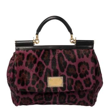 Pre Owned  Dolce & Gabbana Purple/Black Leopard Print Calf Hair And Leather Large Miss Sicily Top Handle Bag 