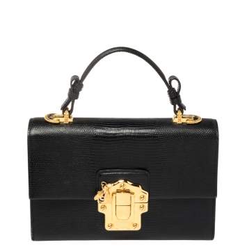 Pre Owned Dolce & Gabbana Black Lizard Embossed Leather Lucia Top Handle Bag