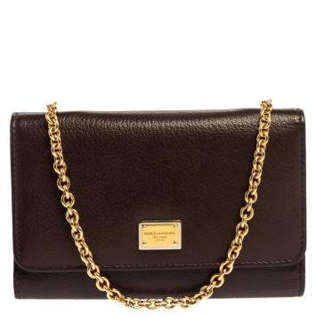 Pre Owned Dolce & Gabbana Brown Leather Trifold Wallet on Chain