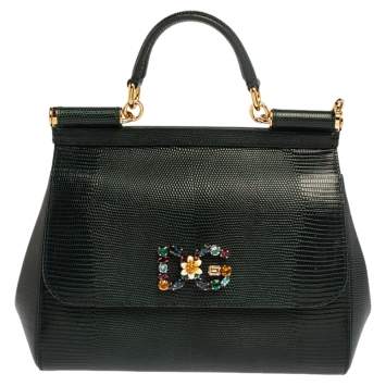 Pre Owned Dolce & Gabbana Green Lizard Embossed Leather Medium Miss Sicily Top Handle Bag