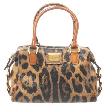 Pre Owned Dolce & Gabbana Brown Leopard Print Coated Canvas and Leather Satchel