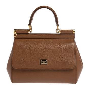 Pre Owned Dolce & Gabbana Tan Leather Small Miss Sicily Top Handle Bag