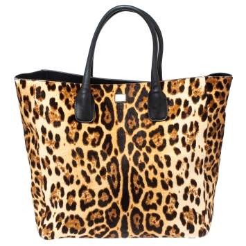 Pre Owned Dolce & Gabbana Black/Brown Leopard Print Calf Hair and Leather Open Tote